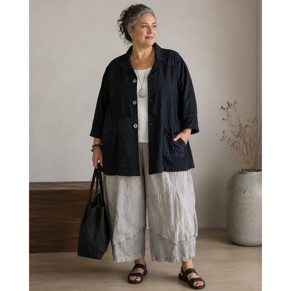 Fenini Patchwork Lagenlook Boho Long Sleeve Collared Button Jacket Black 1X